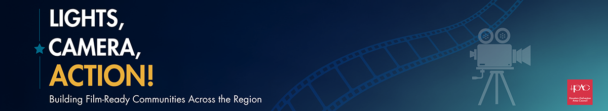 Event banner for ‘Lights, Camera, Action!’ featuring a film camera and film strip graphic. Includes the subtitle ‘Building Film-Ready Communities Across the Region’.