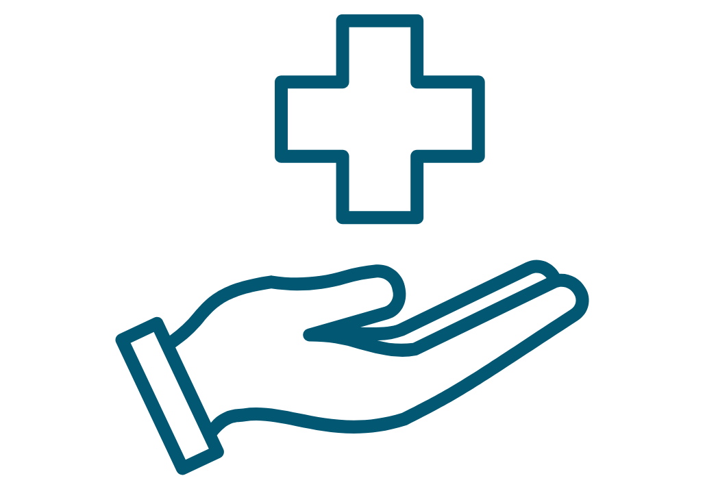 Graphic of a hand with a medical plus icon above it