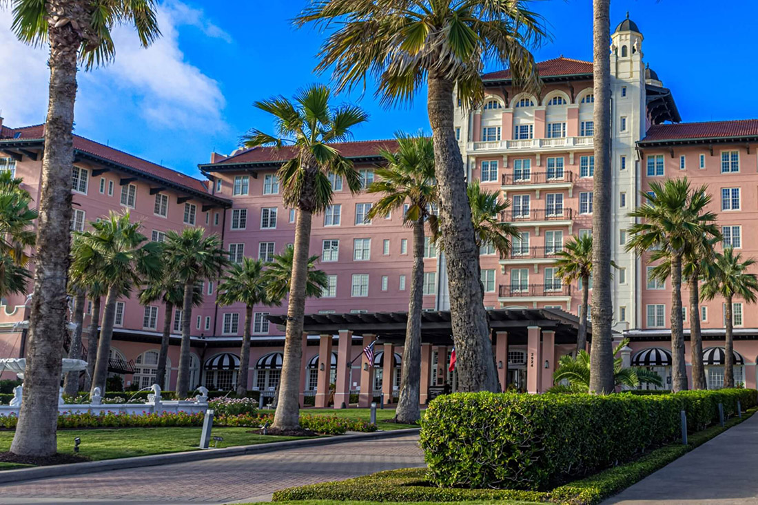 Exterior photo of the historic Grand Galvez, a hotel in Galveston