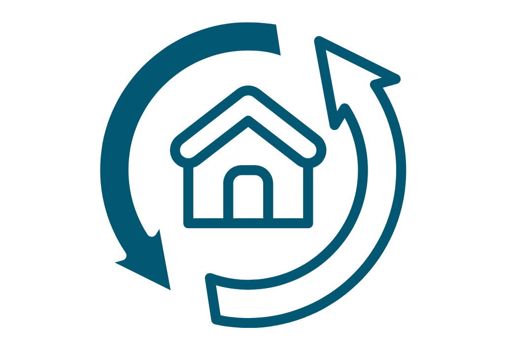 Graphic of a house outline with arrows showing the continuous cycle between preparedness and recovery