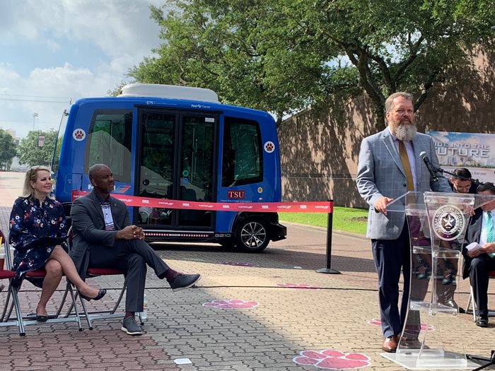 Former H-GAC Executive Director, Chuck Wemple, speaking at the project's ribbon cutting ceremony on the TSU campus in June 2019