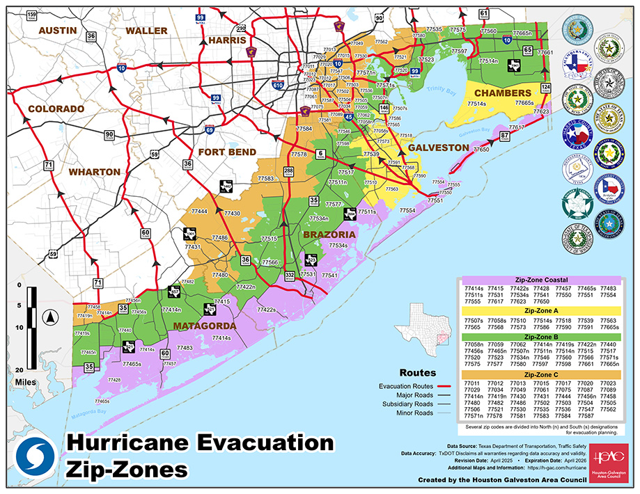 2025 H-GAC Hurricane Evacuation Zip Zones Map
