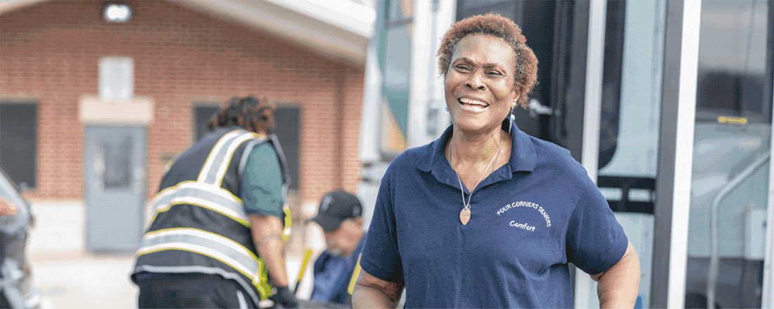 Animated image with four scenes. First: Smiling woman with a text overlay of my plan. Second: Group of people walking toward the metro rail with a text overlay of your plan. Third: Group of people smiling while waiting to board the bus with a text overlay of our plan. Fourth: Smiling man riding a bicycle with a text overlay of rtp2050.