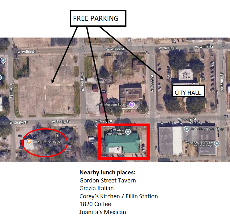 Map showing parking locations for the City of Alvin Senior Center